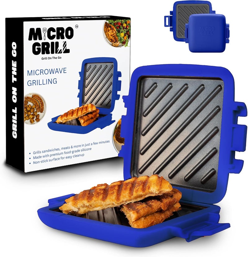 Micro Grill صانع التوست، شواية ميكروويف، محمصة ساندويتش، جبنة مشوية في 3 دقائق، مقرمشة، مكبس بانيني، آمنة للغسل في غسالة الصحون، للمكتب، المنزل، السفر وسكن الطلاب (أزرق) - Image 1